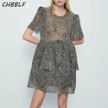 CHBBLF kobieca mini sukienka ze zwierzęcym wzorem, leopard print, krótki rękaw, elastyczny pas, damskie przezroczyste netto sukienki, vestidos C2057