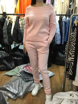 2021 Promocja Wełny Kobieta Kaszmirowy garnitur Ciężka Praca Suknia z Dzianiny w Modny sweter z golfem-stojak Spodnie Dwie pary Ciepłych kobiet