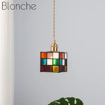 Tiffany Kolorowe Wiszące Kostka Rubika Kreatywny Wystrój Domu Mosiężny Szklany Lampa Wisząca Sypialnia Jadalnia Oświetlenie