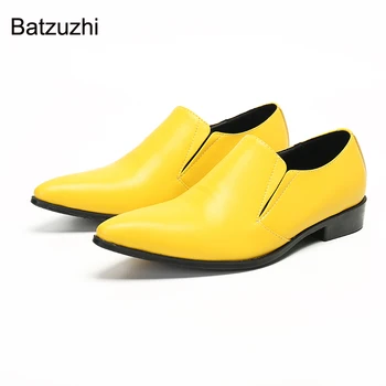 Batzuzhi/modne męskie buty ręcznie wykonane, żółte męskie skórzane moda buty z ostrym czubkiem, wieczorowe i ślubne, buty, męskie!
